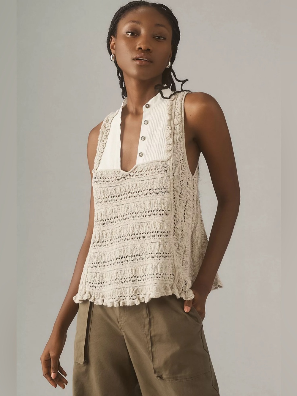 Anthropologie Open-Stitch Twofer Sweater Tank Grey Size Medium